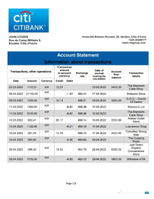 Download Cote d'Ivoire Citibank bank statement word